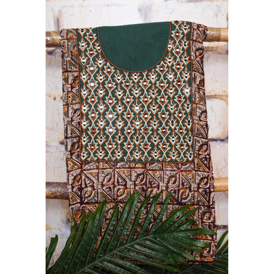 Multicolour with Bottle Green Kalamkari Cotton Hand Embroidered Kurti Fabric – Leaf Mirror Work – full fabric view
