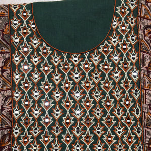Multicolour with Bottle Green Kalamkari Cotton Hand Embroidered Kurti Fabric – Leaf Mirror Work – embroidery close-up
