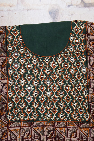 Multicolour with Bottle Green Kalamkari Cotton Hand Embroidered Kurti Fabric – Leaf Mirror Work – embroidery close-up – alternate view