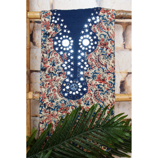 Cream and Coral with Navy Blue Kalamkari Cotton Hand Embroidered Kurti Fabric – Statement Mirror Work – full fabric view