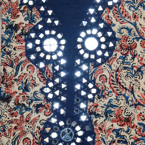 Cream and Coral with Navy Blue Kalamkari Cotton Hand Embroidered Kurti Fabric – Statement Mirror Work – embroidery close-up