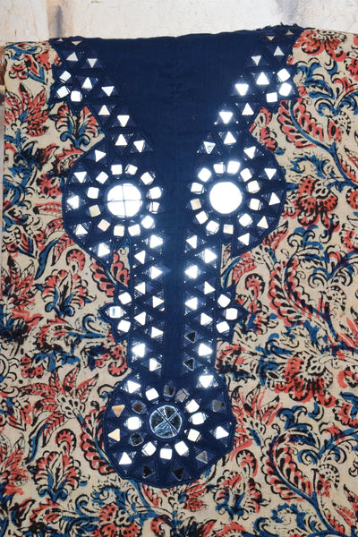 Cream and Coral with Navy Blue Kalamkari Cotton Hand Embroidered Kurti Fabric – Statement Mirror Work – embroidery close-up – alternate view