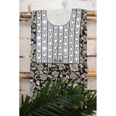 Black and Cream with Grey Kalamkari Cotton Hand Embroidered Kurti Fabric – Striped Mirror Work – full fabric view