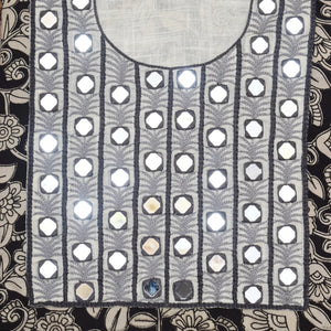 Black and Cream with Grey Kalamkari Cotton Hand Embroidered Kurti Fabric – Striped Mirror Work – embroidery close-up