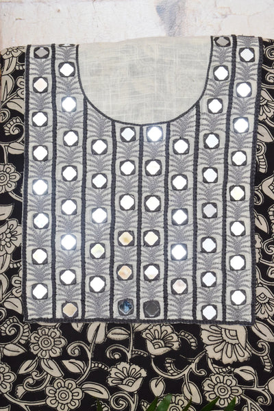 Black and Cream with Grey Kalamkari Cotton Hand Embroidered Kurti Fabric – Striped Mirror Work – embroidery close-up – alternate view