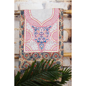 Cream with Pink and Blue Kalamkari Cotton Hand Embroidered Kurti Fabric – Floral Mirror Work – full fabric view