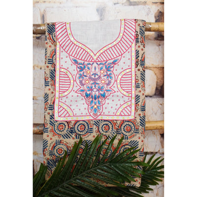 Cream with Pink and Blue Kalamkari Cotton Hand Embroidered Kurti Fabric – Floral Mirror Work – full fabric view