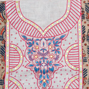 Cream with Pink and Blue Kalamkari Cotton Hand Embroidered Kurti Fabric – Floral Mirror Work – embroidery close-up