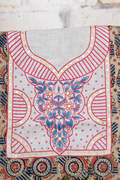 Cream with Pink and Blue Kalamkari Cotton Hand Embroidered Kurti Fabric – Floral Mirror Work – embroidery close-up – alternate view