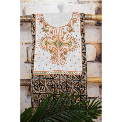 Black and Cream with Orange and Green Kalamkari Cotton Hand Embroidered Kurti Fabric – Scroll – full fabric view