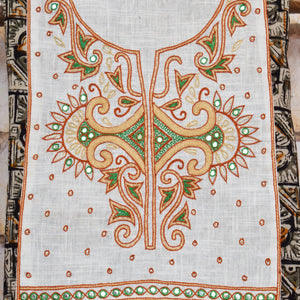 Black and Cream with Orange and Green Kalamkari Cotton Hand Embroidered Kurti Fabric – Scroll – embroidery close-up
