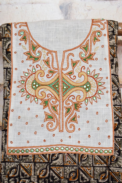 Black and Cream with Orange and Green Kalamkari Cotton Hand Embroidered Kurti Fabric – Scroll – embroidery close-up – alternate view