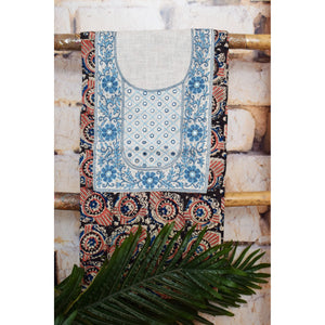 Multicolour with Blue Kalamkari Cotton Hand Embroidered Kurti Fabric – Floral Lattice – full fabric view