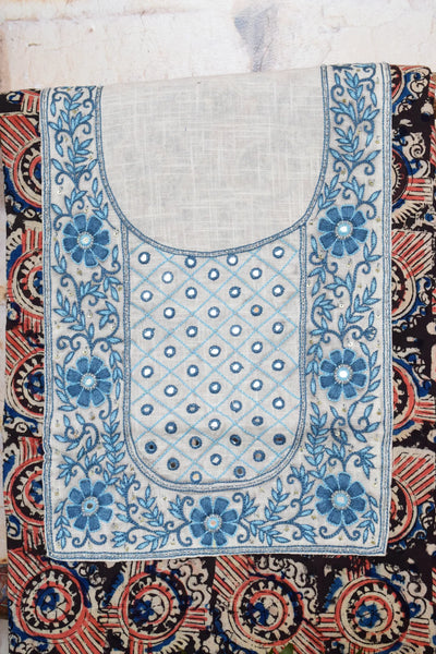 Multicolour with Blue Kalamkari Cotton Hand Embroidered Kurti Fabric – Floral Lattice – embroidery close-up – alternate view