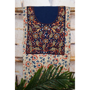 Cream with Navy Blue and Orange Kalamkari Cotton Hand Embroidered Kurti Fabric – Floral Vine – full fabric view