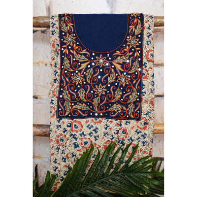 Cream with Navy Blue and Orange Kalamkari Cotton Hand Embroidered Kurti Fabric – Floral Vine – full fabric view