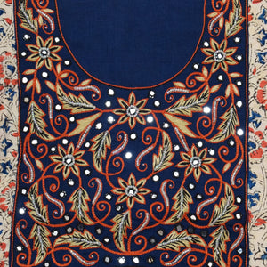 Cream with Navy Blue and Orange Kalamkari Cotton Hand Embroidered Kurti Fabric – Floral Vine – embroidery close-up