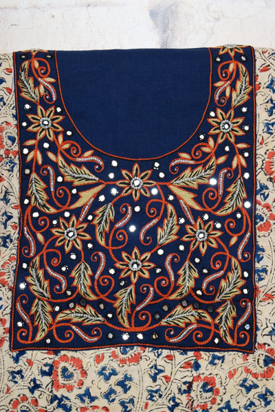 Cream with Navy Blue and Orange Kalamkari Cotton Hand Embroidered Kurti Fabric – Floral Vine – embroidery close-up – alternate view