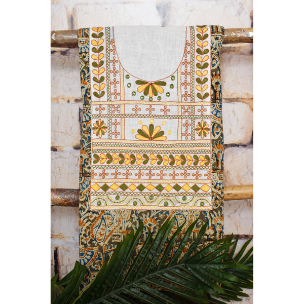 Multicolour with Mustard and Olive Kalamkari Cotton Hand Embroidered Kurti Fabric – Leaf and Geometric – full fabric view