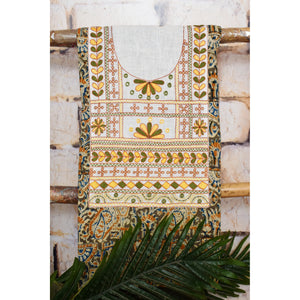 Multicolour with Mustard and Olive Kalamkari Cotton Hand Embroidered Kurti Fabric – Leaf and Geometric – full fabric view