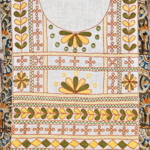 Multicolour with Mustard and Olive Kalamkari Cotton Hand Embroidered Kurti Fabric – Leaf and Geometric – embroidery close-up