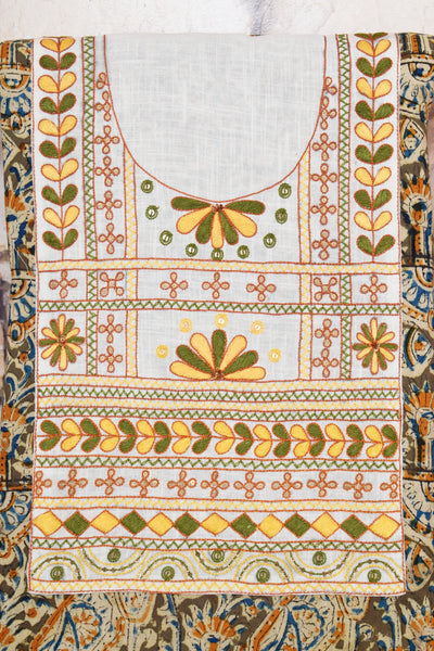 Multicolour with Mustard and Olive Kalamkari Cotton Hand Embroidered Kurti Fabric – Leaf and Geometric – embroidery close-up – alternate view