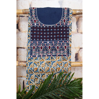 Multicolour with Navy Blue and Maroon Kalamkari Cotton Hand Embroidered Kurti Fabric – Floral Grid – full fabric view