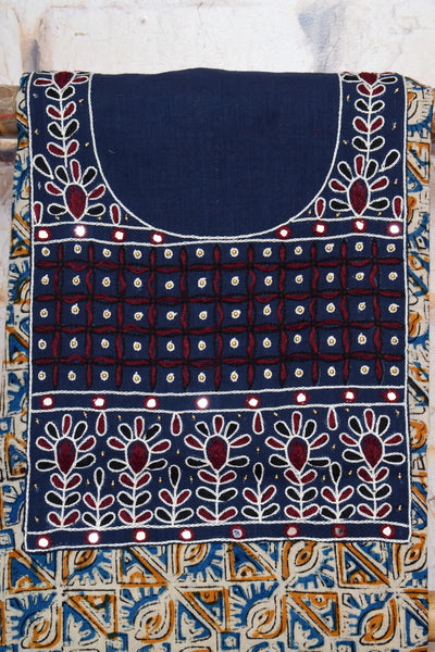 Multicolour with Navy Blue and Maroon Kalamkari Cotton Hand Embroidered Kurti Fabric – Floral Grid – embroidery close-up – alternate view