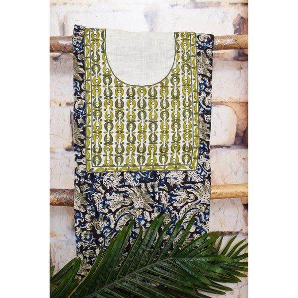 Black and Cream with Olive Green Kalamkari Cotton Hand Embroidered Kurti Fabric – Paisley – full fabric view