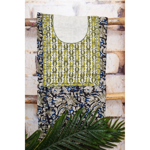 Black and Cream with Olive Green Kalamkari Cotton Hand Embroidered Kurti Fabric – Paisley – full fabric view