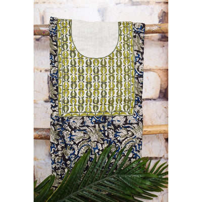 Black and Cream with Olive Green Kalamkari Cotton Hand Embroidered Kurti Fabric – Paisley – full fabric view