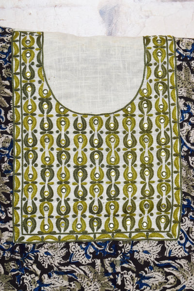 Black and Cream with Olive Green Kalamkari Cotton Hand Embroidered Kurti Fabric – Paisley – embroidery close-up – alternate view