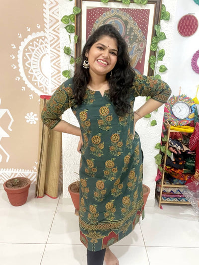Green Ajrakh Designer Block Print Kurti