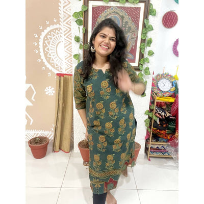 Green Ajrakh Designer Block Print Kurti