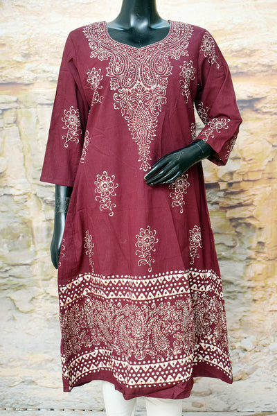 Burgundy Batik Designer Cotton A-line Kurti