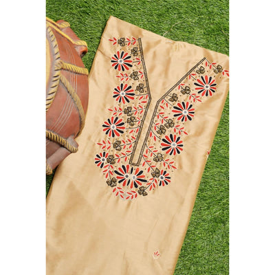 Beige Hand Embroidered Cotton Silk Kurti Fabric