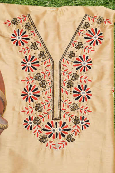 Beige Hand Embroidered Cotton Silk Kurti Fabric