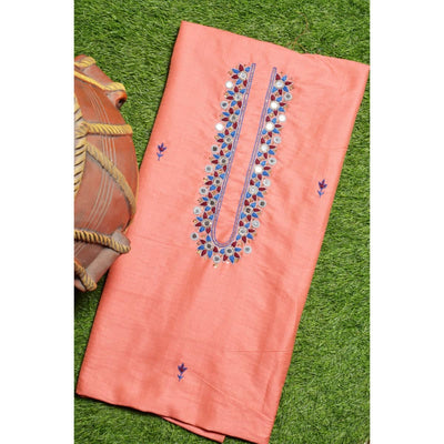 Peach Hand Embroidered Cotton Silk Kurti Fabric