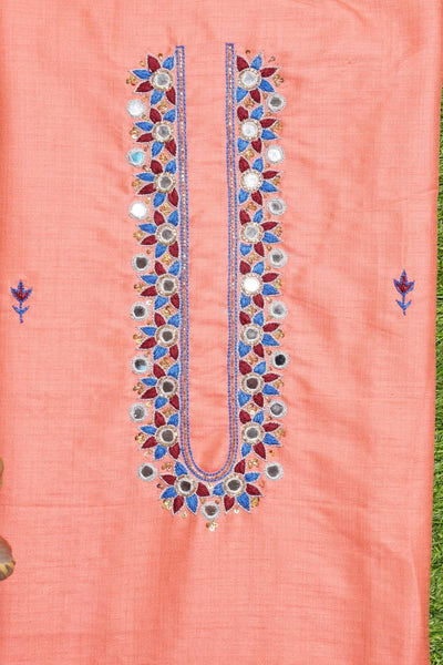 Peach Hand Embroidered Cotton Silk Kurti Fabric
