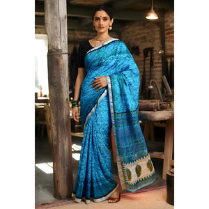 Sea Green Handloom Maheshwari Silk Blockprinted Saree