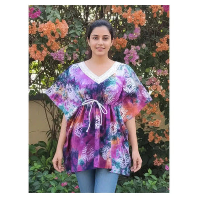 Purple Batik Block Print Designer Short Kaftan