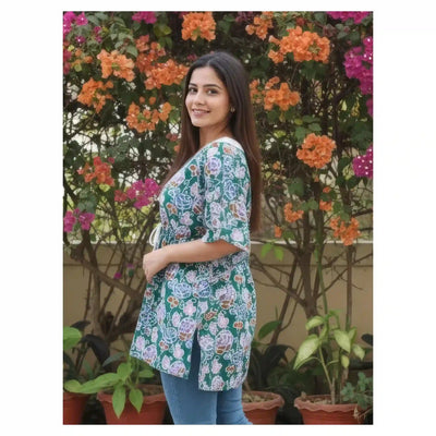 Sea Green Batik Copper Block Print Designer Short Kaftan