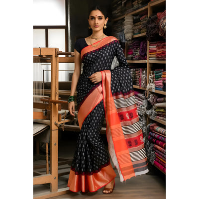 Black Handloom Maheshwari Silk Saree with Khari Block Print