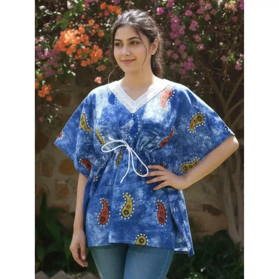 Blue Batik Block Print Designer Short Kaftan