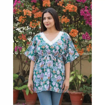 Sea Green Batik Copper Block Print Designer Short Kaftan