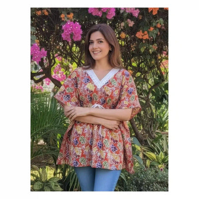 Red Batik Copper Block Print Designer Short Kaftan