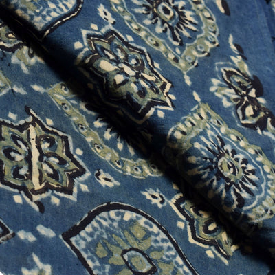 Blue Ajrakh Special Triple Block Cotton Fabric (Cut Piece 1.4 Meter)