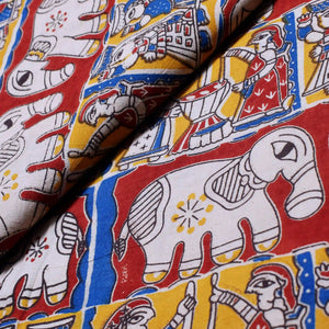 Kalamkari screen print cotton fabric with quirky Andhra-inspired motifs
