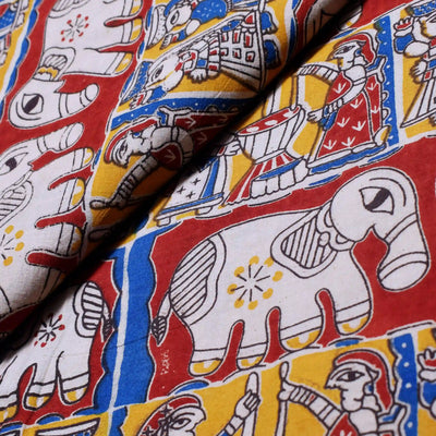 Kalamkari screen print cotton fabric with quirky Andhra-inspired motifs