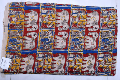 Kalamkari screen print cotton fabric with quirky Andhra-inspired motifs